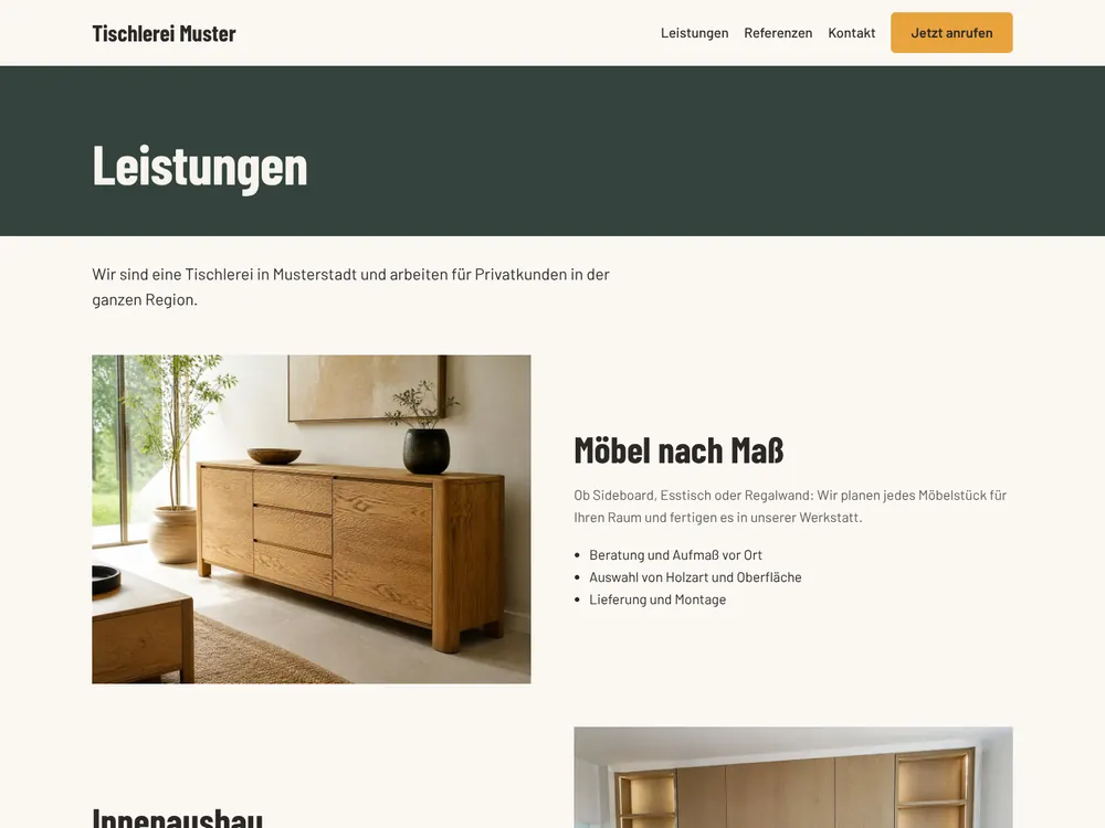 Leistungsseite des Themes mit Fotos und Beschreibungen einzelner Leistungen