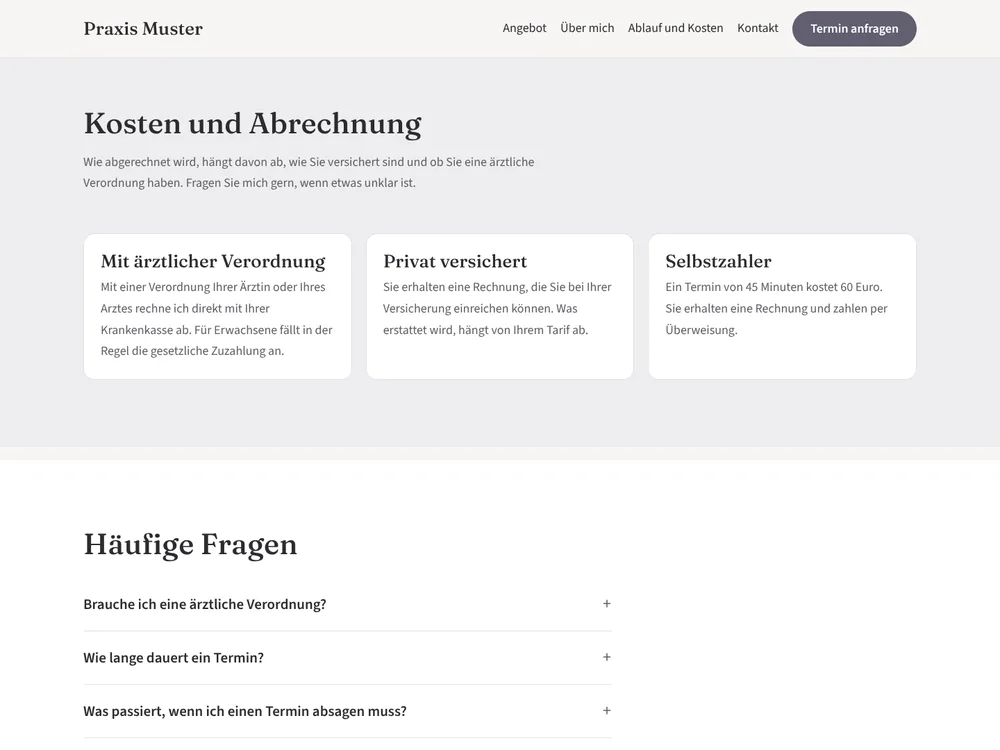 Seite Ablauf und Kosten mit drei Karten zur Abrechnung und häufigen Fragen