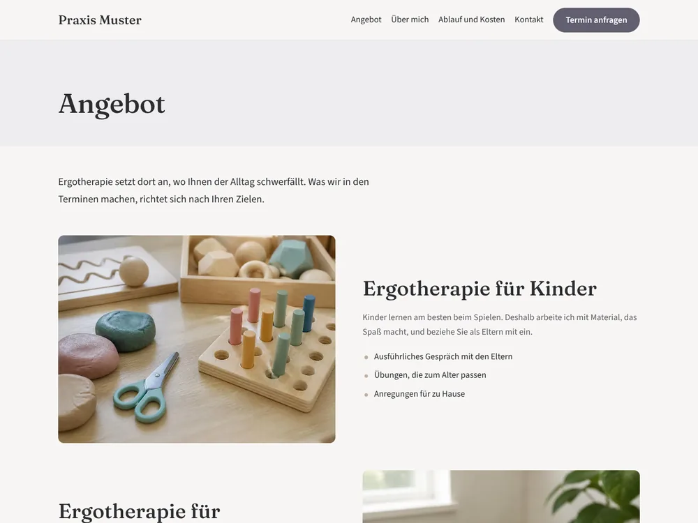 Seite Angebot des Themes mit Fotos und Beschreibungen der Therapieangebote