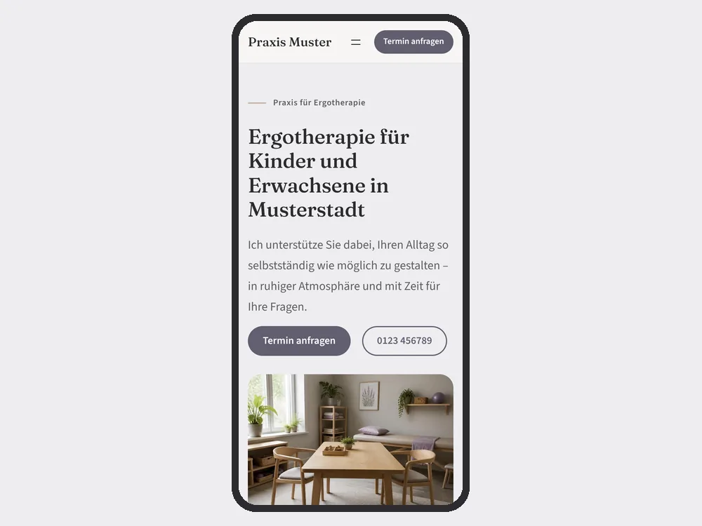 Startseite des Themes Praxislicht auf einem Smartphone